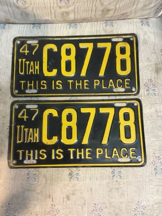 Rare 1947 Utah This Is The Place License Plates Pair