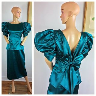 Vintage 80s Party Prom Green Shiny Satin Backless Shoulders Glam Dress M