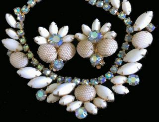 Rare Vintage Uns.  Kramer Fishnet On Milk Glass Rhinestone Necklace Earrings Set