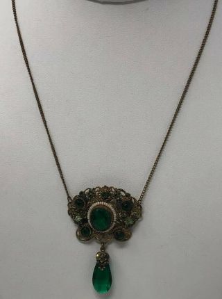 Antique Art Deco Brass Filigree Faceted Emerald Green Czech Glass Bead Necklace
