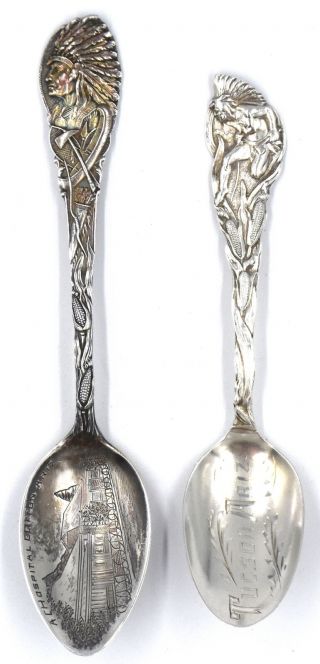 Pair Collectible Souvenir Spoons Native American Indians Chief Sterling Silver