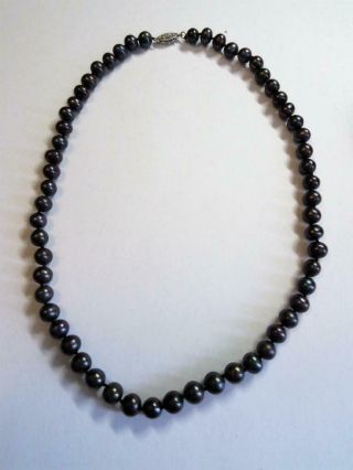 Vintage 18 Inch Long Black Pearl Bead Necklace With White Gold Clasp