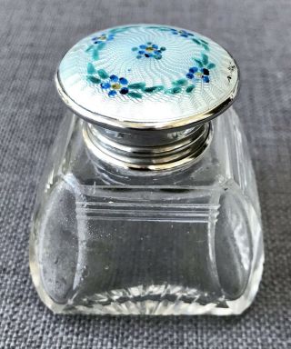 Lovely Solid Silver Guilloche Enamel & Cut Glass Perfume Bottle,  London 1924