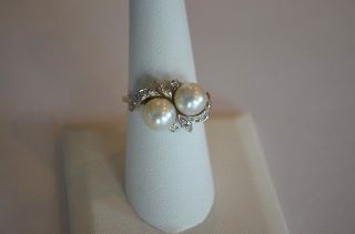 Vintage 14k White Gold Pearl Diamond Toi Et Moi By Pass Ring Retro Mid Century