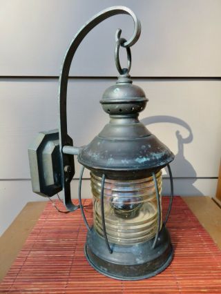 Vtg Copper Nautical Light Wall Mount Porch Post Lamp - Clear Ribbed Glass - Thick