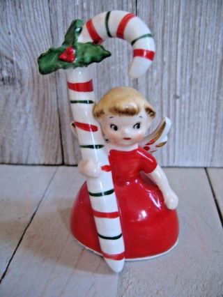 Vtg Christmas Figurine 1956 Napco Angel Girl Candy Cane Bell Japan Blonde Short