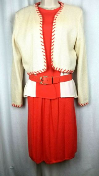 Vtg St.  John By Marie Gray Womens 4 Piece Skirt Suit Size 6 Orange Flaw Belt