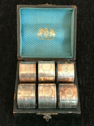 Antique Boxed Set Of 6 Silver Plate Napkin Rings Holders