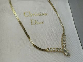 Vintage Christian Dior Germany Gold Plated Swarovski Crystal Chevron Necklace