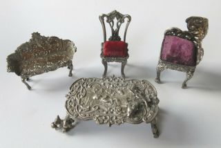 Antique/vintage Silver Dollhouse Miniature Art Nouveau Upholstered Chairs Table