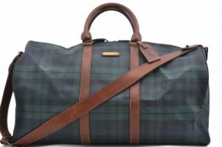 Authentic Polo Ralph Lauren Vintage Green Check Leather Travel Boston Bag 74390