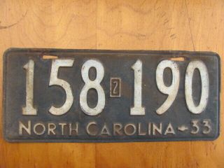 1933 North Carolina Nc License Plate Tag,  Vintage,  158 - 190,