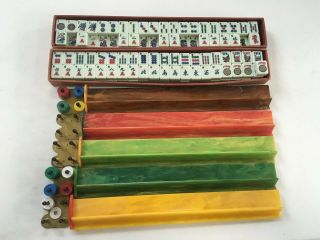 Vintage 1950? Pistachio Green Mahjong Set 5 Bakelite Racks / 158 Tiles