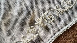Antique Vintage Cotton Net Embroidered Lace Curtains 2of3 PAIR Farmhouse Chic 8
