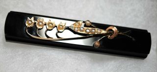 Victorian Era Black Onyx Rose Gold Seed Pearl Mourning Brooch Pin