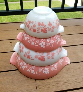 Vintage Pyrex Pink / White Gooseberry Nesting Mixing Bowl Set Complete 441 - 444