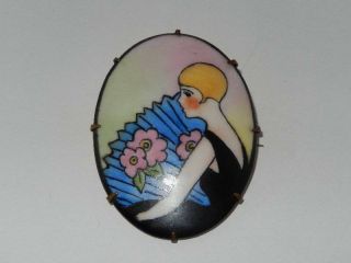 Vintage Art Deco Flapper Girl Porcelain Painted Pin