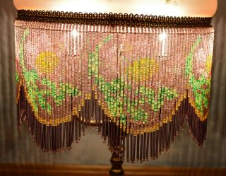 VINTAGE ART DECO VICTORIAN BEADED FRINGE TABLE LAMP PASTEL PINK 3