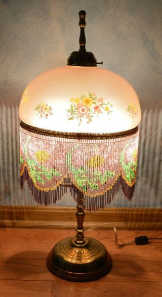 VINTAGE ART DECO VICTORIAN BEADED FRINGE TABLE LAMP PASTEL PINK 7