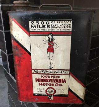 Miss Pennsylvania 2500 Miles 2 Gallon Vintage Motor Oil Tin Can Rare