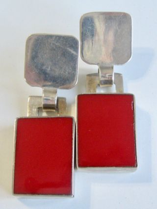Bold Vintage Modernist Red Color Block 925 Sterling Silver Earrings Enamel Resin