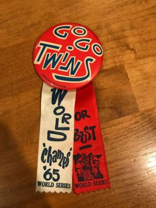 Vintage 1965 Minnesota Twins World Series World Champs Or Bust Button Pin Ribbon