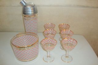 Vintage 1930s Federal Glass Red Polka Dot Martini Shaker Glasses And Ice Bucket