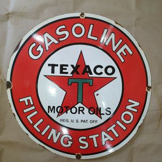 Texaco Gasoline Filling Station Vintage Porcelain Sign 24 Inches Round