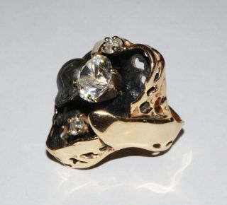 Vintage 14k Brutalist Style Ring Sz 6 Set W.  Pearl 2x Diamonds & 1x Cubic Z (cob