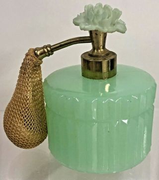 Vintage Art Deco Lime Green Jadeite Glass Perfume Bottle W/ Flower Top Bulb Pump