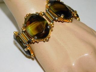 Vintage Celtic Scottish Banded Glass Agate Gold Tone 8 " Bracelet 9k 12