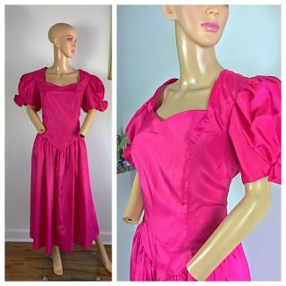 Vintage 80s Party Prom Hot Pink Satin Shoulders Extreme Plus Size L Xl Dress