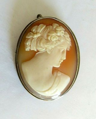 Vintage Sterling Silver Carved Shell Cameo Brooch Or Pendant 1.  5 " X 1.  25 "