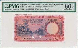 Central Bank Nigeria 10 Shillings 1958 Color Trial Specimen,  Rare Pmg 66epq