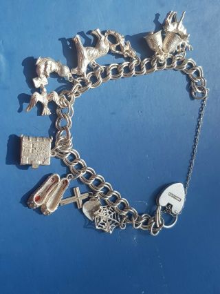 Antique Vintage Silver Charm Bracelet With Antique Charms All Attached To Chain