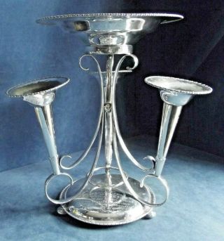Large 13 " Silver Plated Epergne With 3 Vases And Platter Bowl C1920