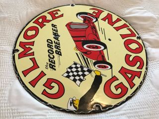 VINTAGE GILMORE OIL CO PORCELAIN SIGN,  PUMP PLATE,  GASOLINE,  GAS STATION,  LION 7