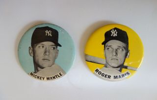 1960s Vintage Mickey Mantle And Roger Maris Baseball Button Pins,  3.  5” Wide