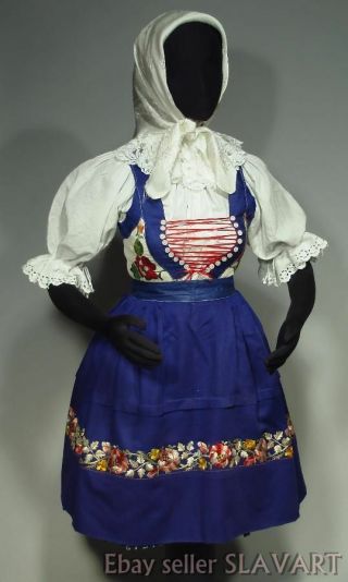 Vintage Slovak Folk Costume Embroidered Vest Apron Blueprint Skirt Blouse Kroj