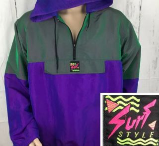 Vintage Surf Style Windbreaker Hooded Jacket Iridescent Pullover 90s One Size