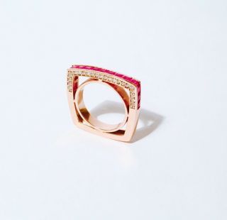 Vintage Pink Ruby 14k Rose Gold White Diamond Square Ring Size 6.  5