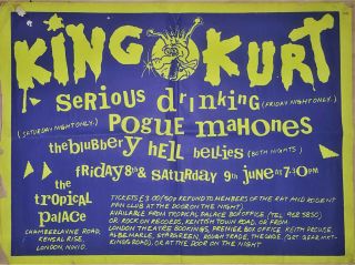 King Kurt,  Pogue Mahone - Tropical Palace 1984 Vintage Concert Poster 40x30 "