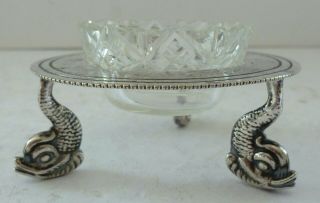 Antique Silver Plate G Bowen & Son Dolphin Fish Serpent Glass Salt Mustard Pot