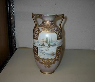 Vintage Nippon Morimura Brothers Hand Painted Winter Farm Scene 11 ¼ Inch Vase