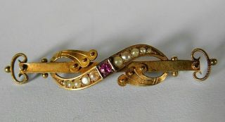 Antique Victorian 15 Carat Gold Brooch / Pin,  Inset Pearls And Ruby