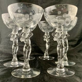 Vintage Cambridge Glass Vichy Optic Etched Champagne Nude Woman Glass Set 6 Stem