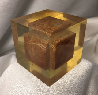 Rare/early/enzo Mari/brown Marble Cube Into Resin Cube/1960’s/for Danese Milano.