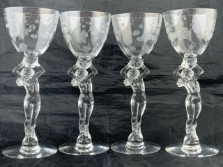 Vintage Cambridge Glass Vichy Optic Etched Wine Nude Woman Glass Set 4 Stem