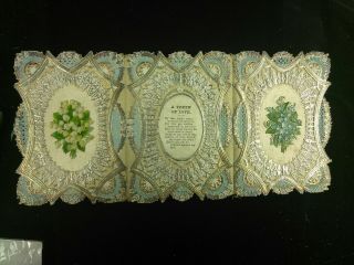 Vtg Valentine Card - ca 1870 Rare Tri Fold Paper Lace Silk Medallion Silver Det 2