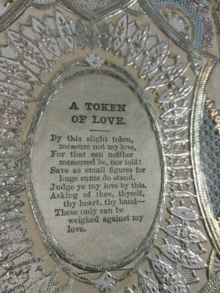 Vtg Valentine Card - ca 1870 Rare Tri Fold Paper Lace Silk Medallion Silver Det 3